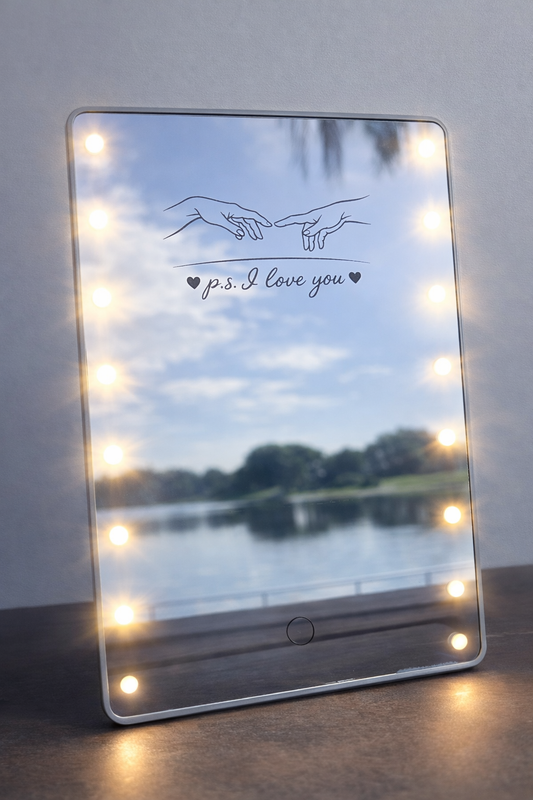 Decorative mirror with LED lights and engraved message